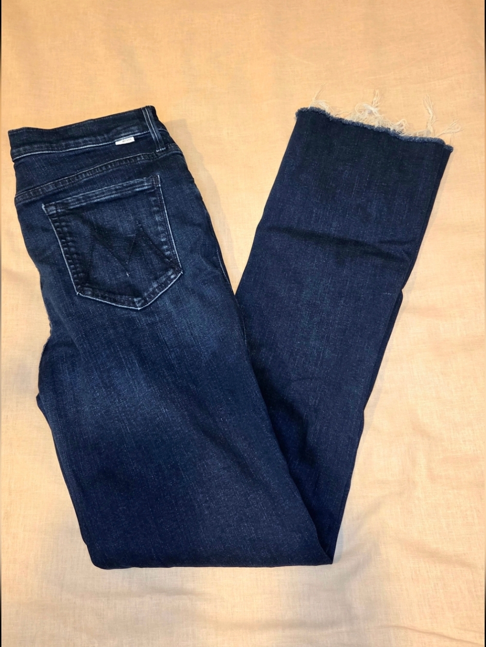 MOTHER High Waisted Runaway Jeans Sz 33 Dark Wash Raw Hem Flare